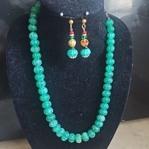 Green Beaded Necklace and Earrings Set by